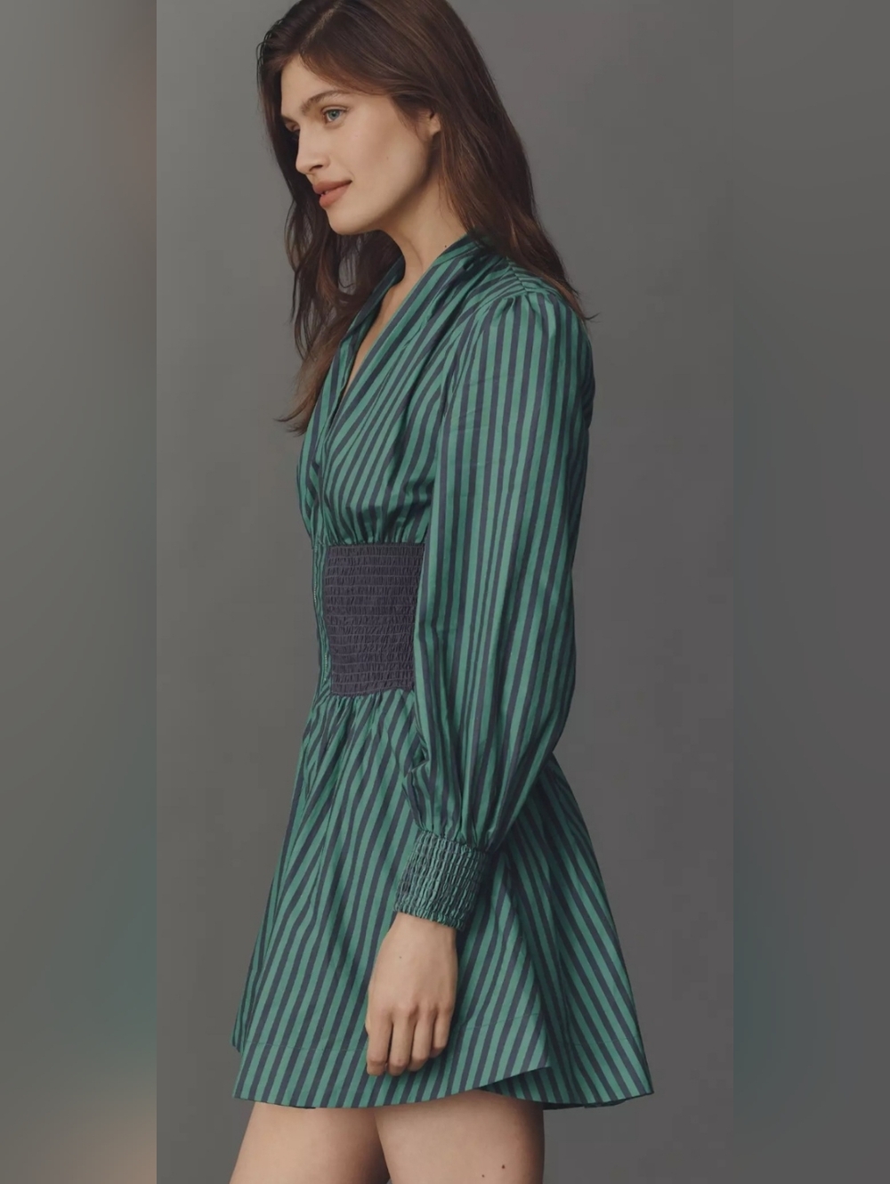 Anthropologie Teal and Black Striped V-Neck Mini Dress - Picture 2 of 7